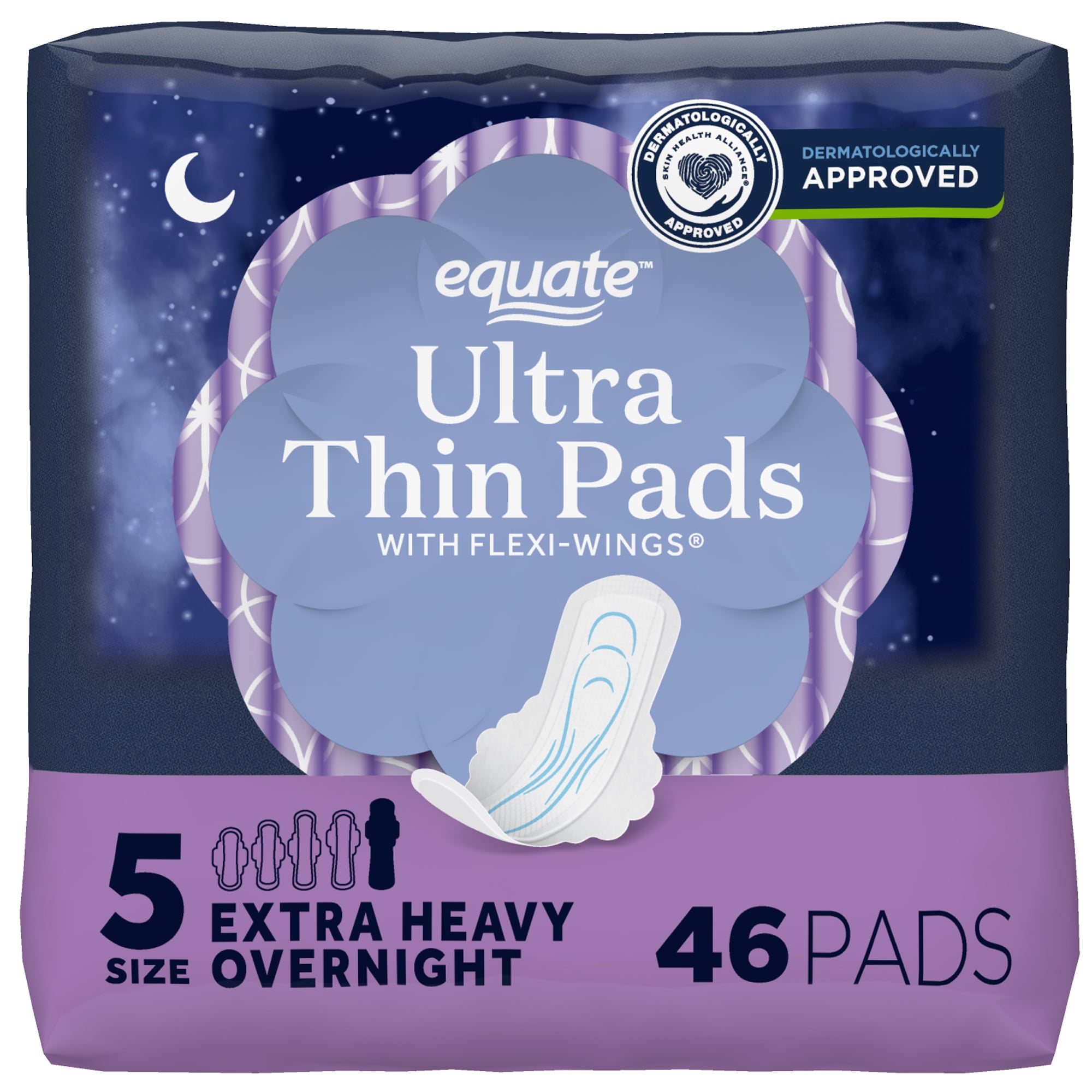 (4 pack) Equate Overnight Ultra Thin Pads with Flexi-Wings, Extra Heavy Overnight Absorbency, Size 5, 46 Count