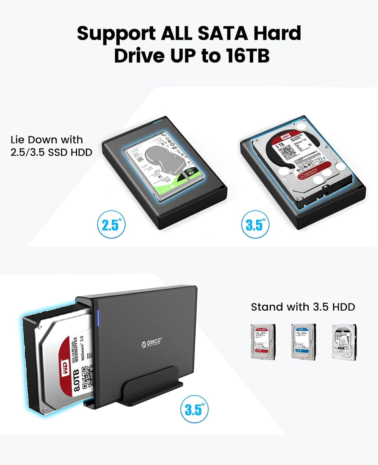 ORICO 3.5" Hard Drive Enclosure Aluminum 5Gbps USB C 3.1 to SATA HDD Enclosure 16 tb External Laptop Hard Drive Enclosure