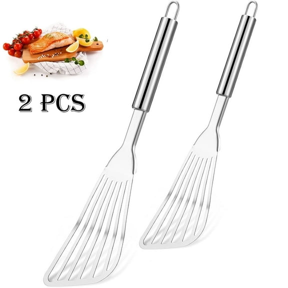2-Piece Fish Spatula, Upgrade Metal Spatula, 12.8 Inch Spatula Stainless Steel, Premium Kitchen Spatula Set, Thickness Blade Spatulas for Cooking, Flipping, Turning, Frying and Grilling