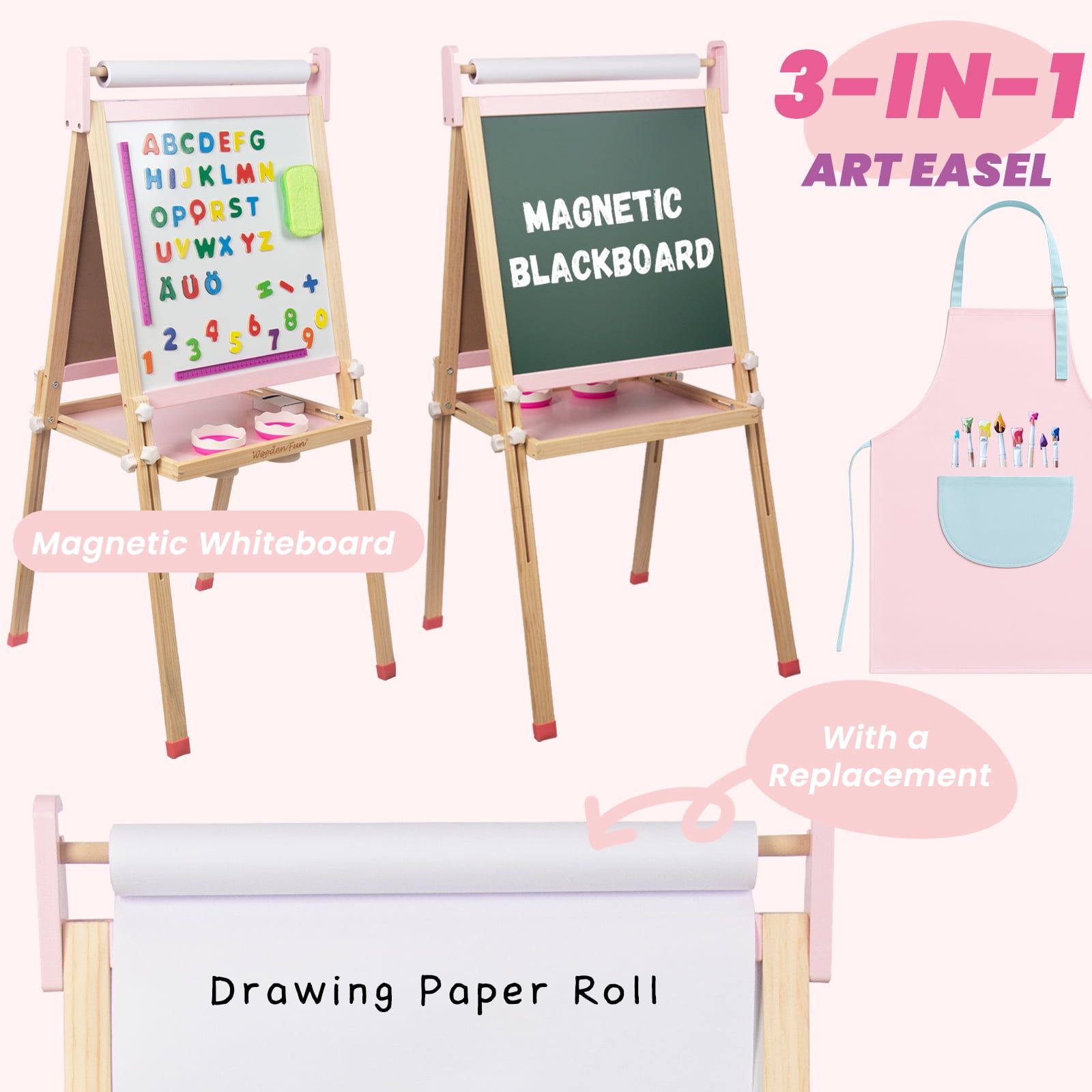 Kids Wooden Easel with Paper Roll, Adjustable Magnetic Double Sided Drawing Board Whiteboard & Chalkboard Dry Easel Board, Children Art Easel for 3-12 Years Kids Boys Girls Painting Drawing