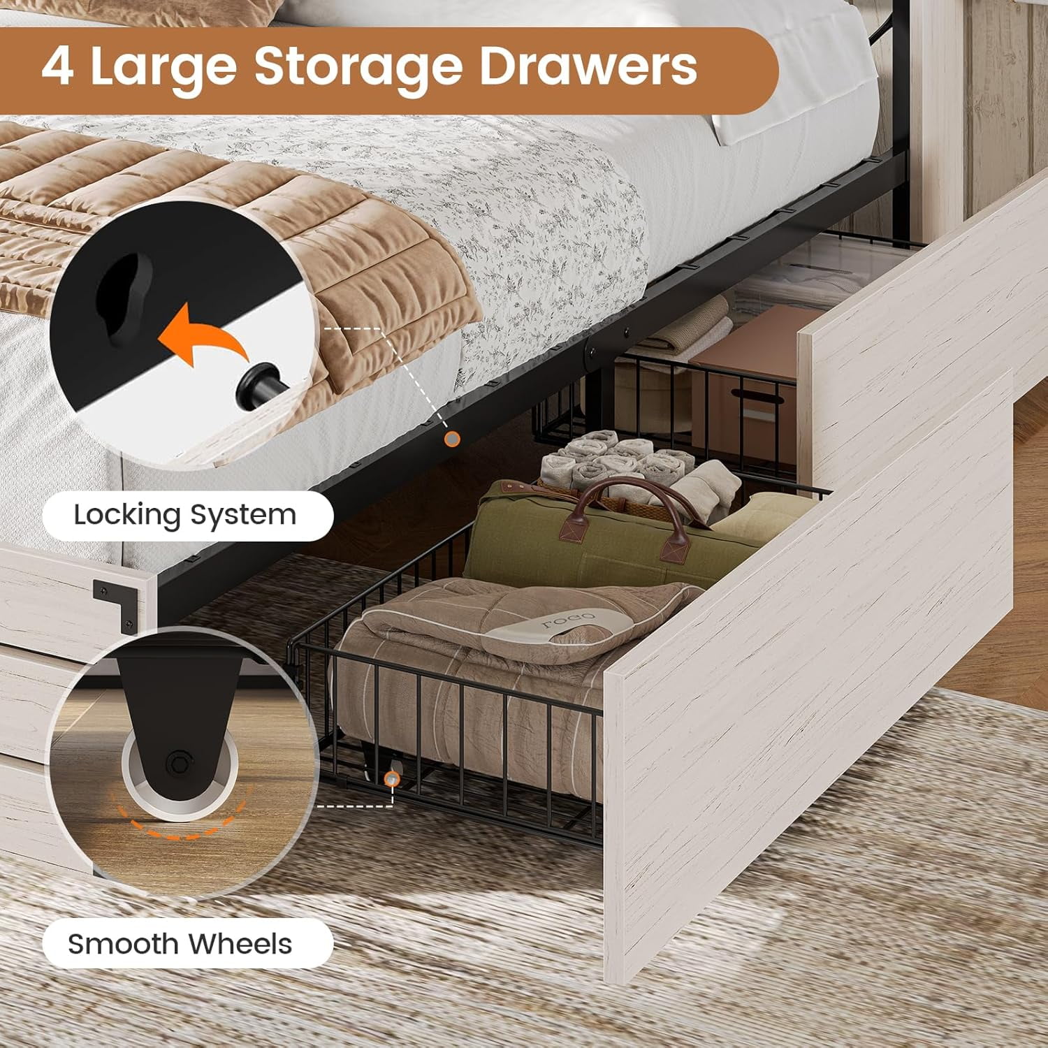 AOGLLATI Wooden Bed Frame King Size with Bookcase Headboard and Sliding Barn Door, Farmhouse King Beds with Charging Station, LED Lights and 4 Storage Drawers, No Box Spring Needed, Gray