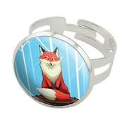 Fox on Tree Stump Silver Plated Adjustable Novelty Ring