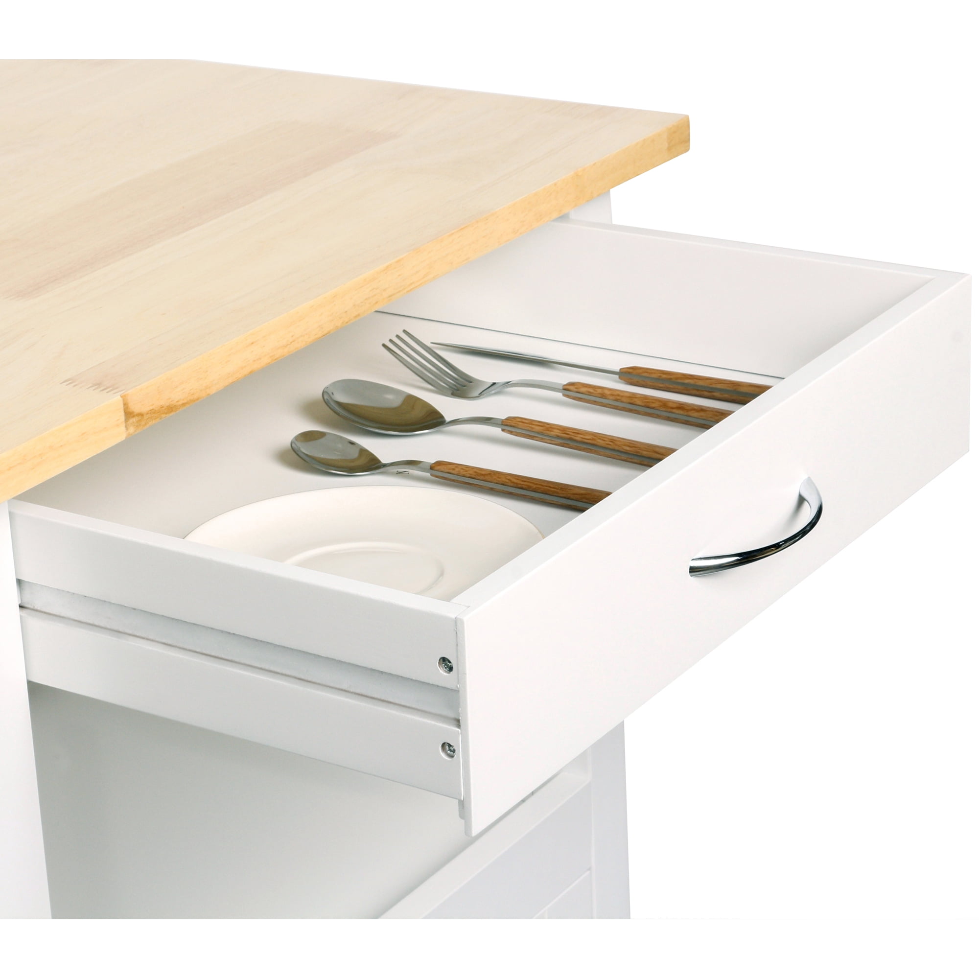 eHemco 1-Door Kitchen Island Cart on Wheels with Drawer, Storage Cabinet, Shelf and Natural Solid Hardwood Top, 34.75 Inches Height, White Base