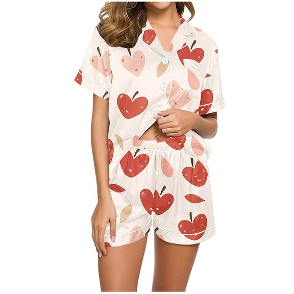 SwiftWear Women's Comfy Fruit Print Pajama Set - Short Sleeve Collared Sleepwear with Shorts, Trendy Orange Peach Design, Perfect for Home & Lounging, Breathable & Chic Nightwear