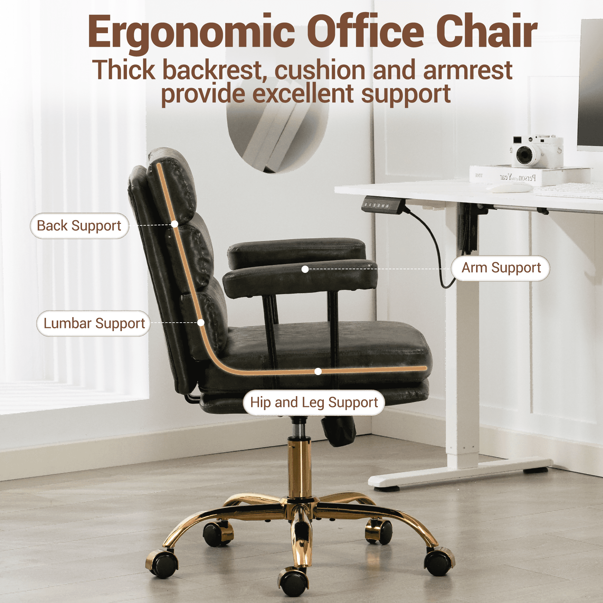 WENTUM Office Chair,Mid Back Home Office Desk Task Chair, Ergonomic PU Leather Computer Rolling Swivel Chair with Padded Armrest, Green