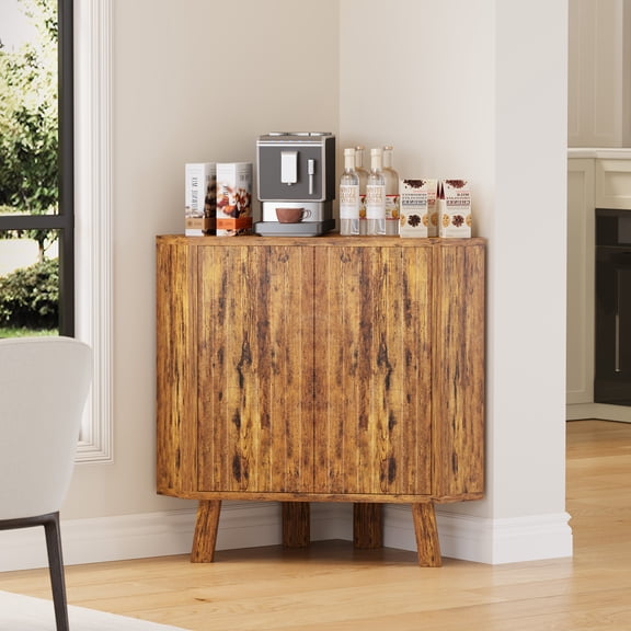 Space-Saving 3-Tier Brown Corner Bar Cabinet with Fluted Doors – Adjustable Shelves, Industrial Farmhouse Wine & Liquor Storage for Dining Room, Kitchen, or Living Room – Brown