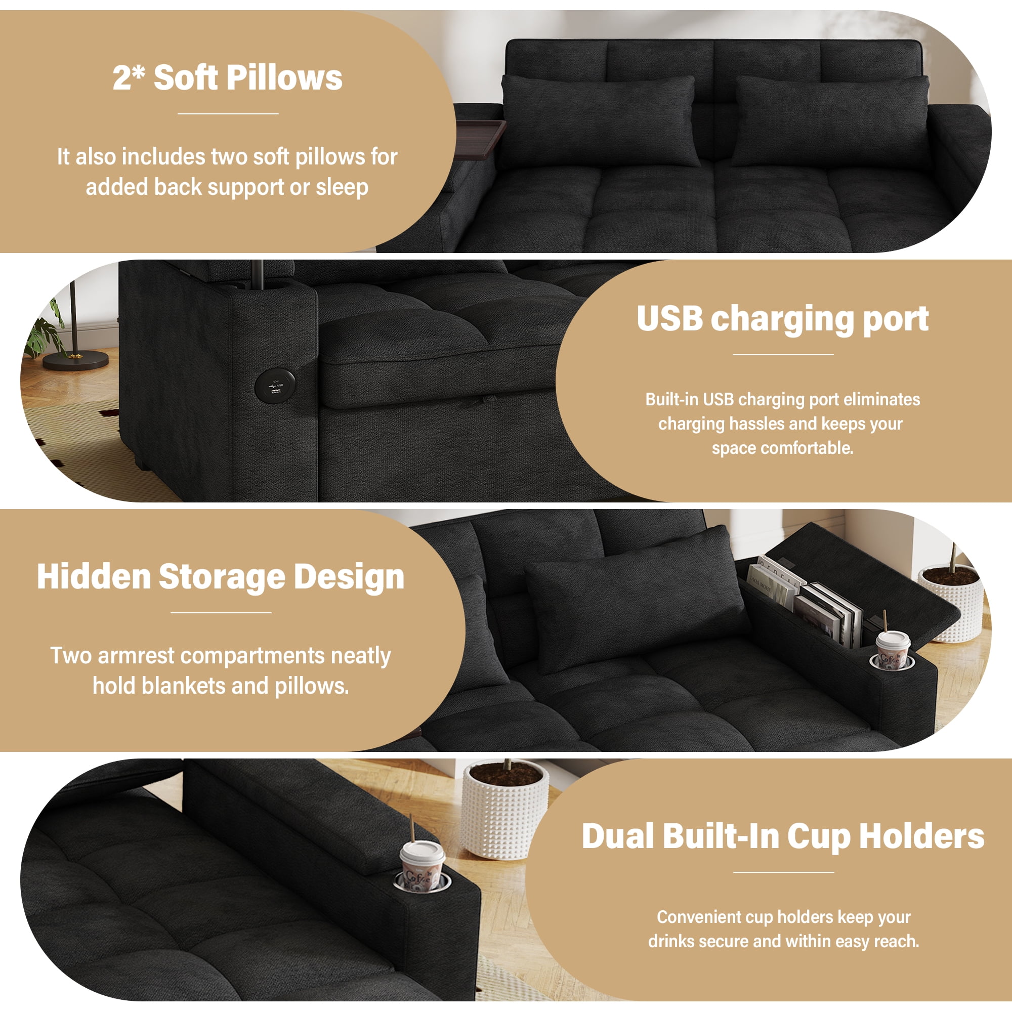 Aukfa 65"W Convertible 3-in-1 Sofa Bed with Storage, Queen Chenille Sleeper Couch with USB/Type-C Ports & Rotating Side Table,Black