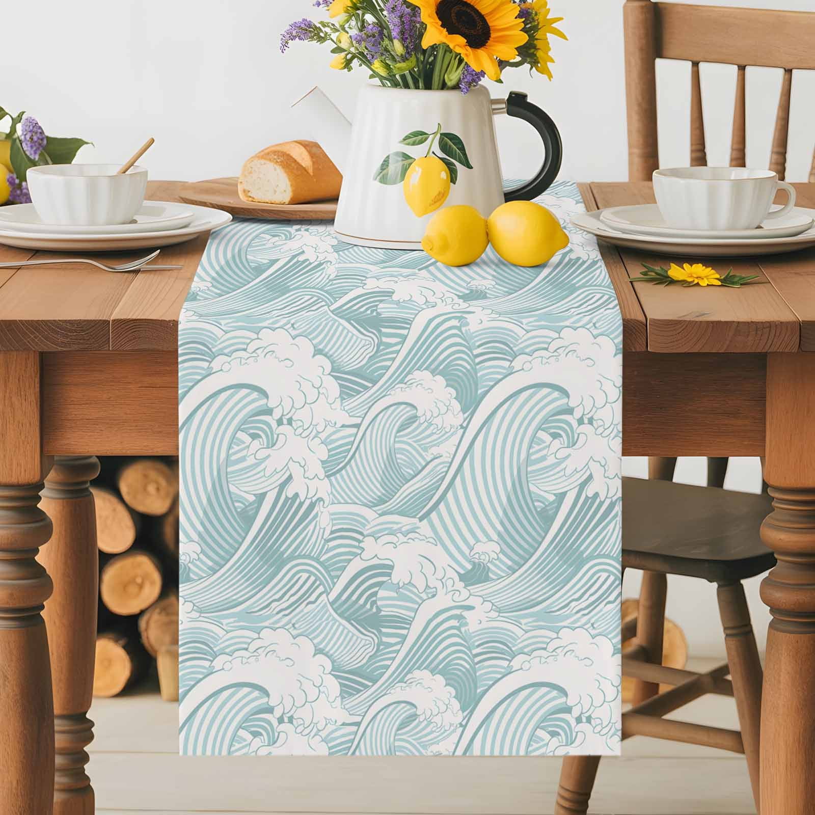Summer Coastal Abstract Waves Table Runner 90 Inches Long, Modern Minimalist Wavy Table Runners Tabletop Scarf Kitchen Dining Tables Decoration for Home Party Indoor Outdoor