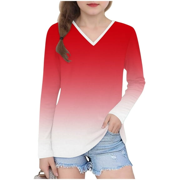 Avrntaa Girls V Neck Spring Tops Long Sleeve Ombre Loose T-Shirt Lightweight Going Out Tees