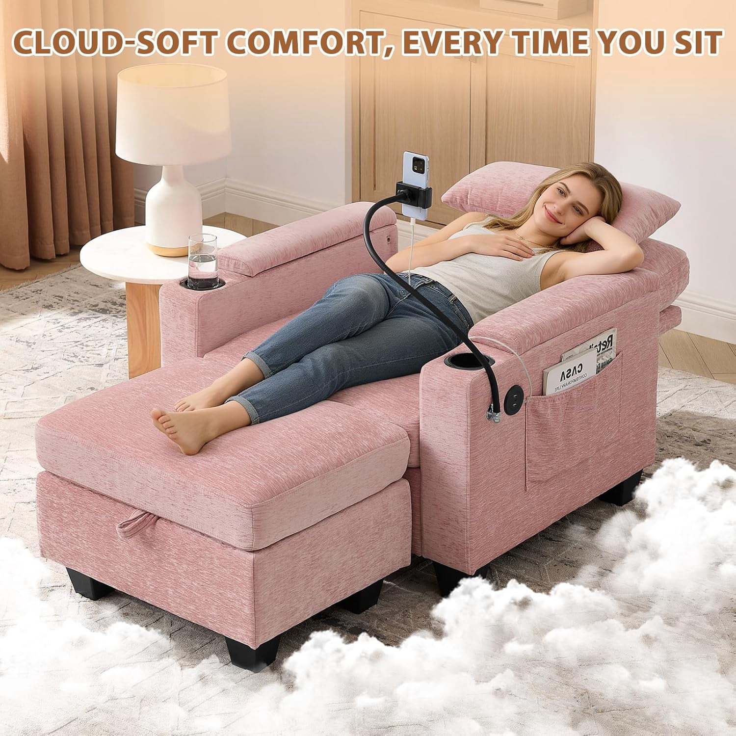 MOONMISS Oversized Chaise Lounge Chair Indoor, Single Convertible Recliner Reading Arm Sofa Chair W/Adjustable Backrest & Charging Port Couch Bed for Living Room, Home Theater & Bedroom,Pink