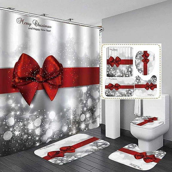 4Pcs Christmas Shower Curtain Set,Christmas Shower Curtain,Non-Slip Bathroom Rugs,Toilet Cover,Bath Mat,Christmas Bathroom Snowman Decorations Santa Claus Xmas Decor