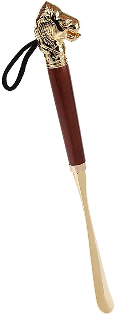 Long Metal Shoe Horn with Schima Wood Handle and Solid Brass Lion Head 