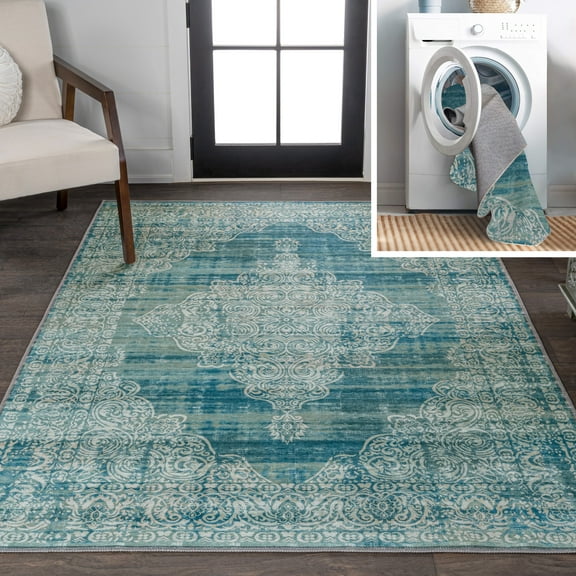 JONATHAN Y WASHABLE 4 x 6 Area Rug, Regis Bohemian Medallion - Teal/Cream, WSH107B-4