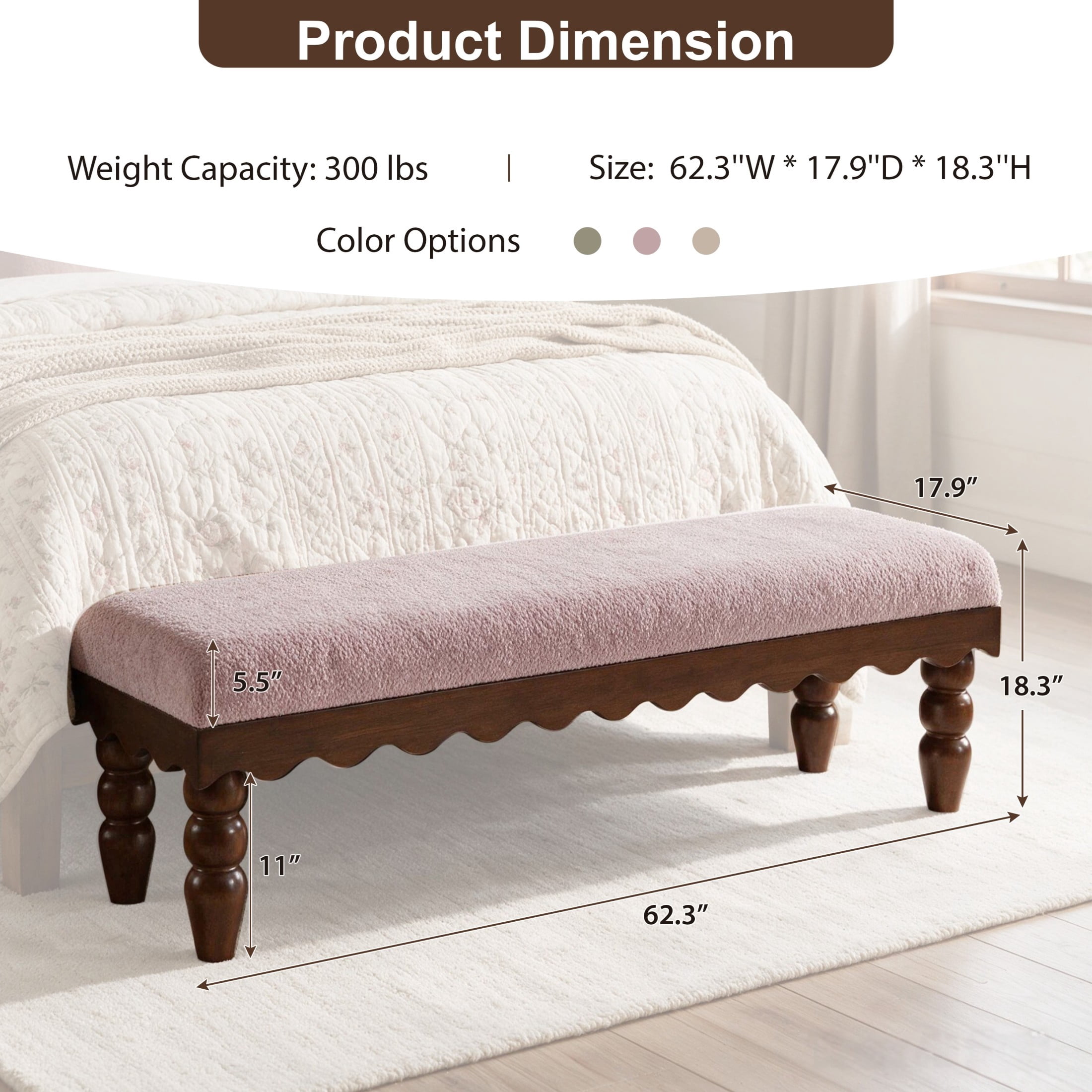 Christopher Knight Home Vintage Boucle Fabric Bench, Wave Trim Ottoman with Solid Wood Legs, Dusty Pink