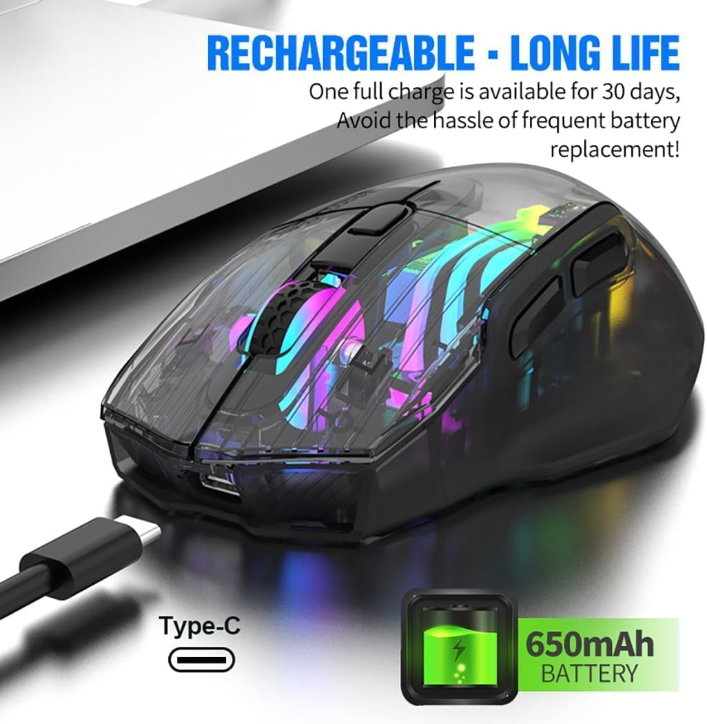 Tri-Mode Wireless Gaming Mouse, 2.4G/Bluetooth/USB-C Wired, Transparent Chroma RGB Mouse, 3600 DPI Optical Computer Mouse for PC Laptop Esports (White/Black)
