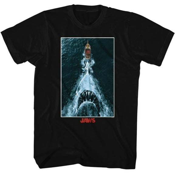 Jaws Shark Chasing Boat Poster Black Adult T-Shirt Xl