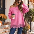 thumbnail image 4 of Fall Sweaters for Women 2026 Long Sleeve Off Shoulder Lace Hem Cute Pullover Tops Knit Loose Fit Y2k Winter Lightweight Trendy Sweater Pink M, 4 of 4