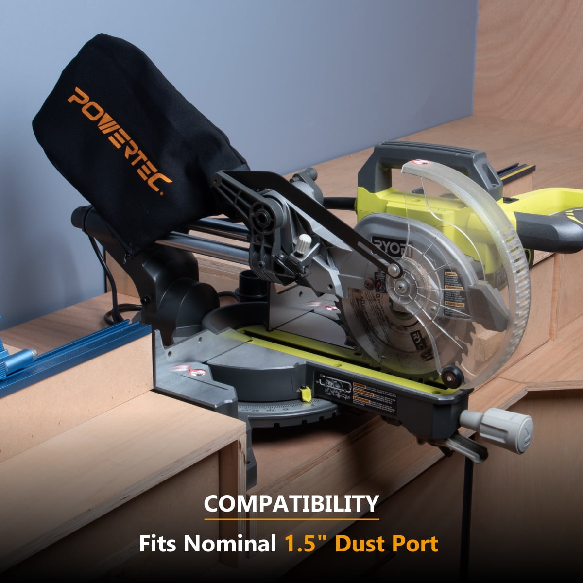 POWERTEC 2PK Miter Saw Dust Collector Bag for 7-1/4", 8-1/2" Miter Saw, Fits Nominal 1-1/2" Dust Ports, Hook and Loop Dust Bag w/Zipper, Wired Adjustable Stand Miter Saw Accessories, 75081-P2