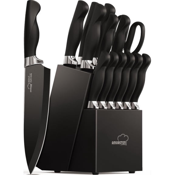 Knife Set, 15 Pieces Sets for Kitchen with Block, Dishwasher Safe Set Built in Sharpener rman Stainless Steel Block