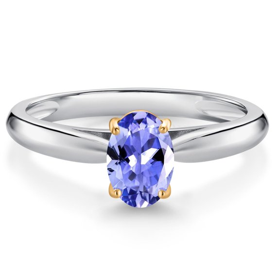 Gem Stone King 10K White and Yellow Gold Blue Tanzanite Solitaire Engagement Ring for Women (0.75 Cttw, Oval 7X5MM, Gemstone December Birthstone, Size 7)
