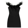 thumbnail image 5 of hirigin Women Mini Bodycon Dress Solid Color Plush Trim Splicing Boat-Neck Off-Shoulder Sleeveless Dress Summer Wrapped Hip Short Dress, 5 of 9