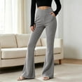 thumbnail image 2 of LIaqionyy Women's Flare Yoga Pants Stretch Casual Ribbed High Waist Leggings Solid Color Bootcut Bottom Pant with Pockets, 2 of 6