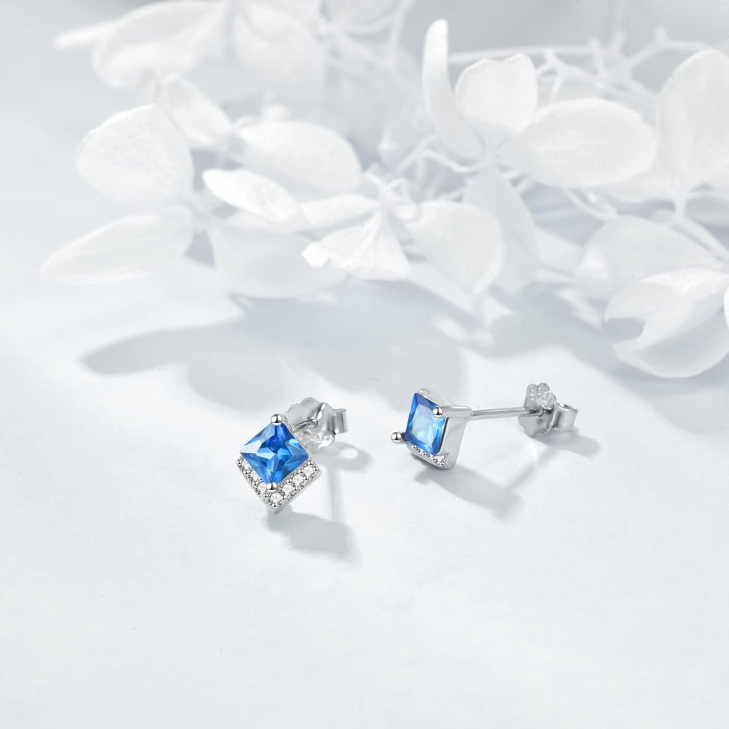Birthstone Stud Earrings Sterling Silver Square Created Blue Topaz Crystal December Earrings Cubic Zirconia Piercing Jewelry Small Gifts for Women Mothers