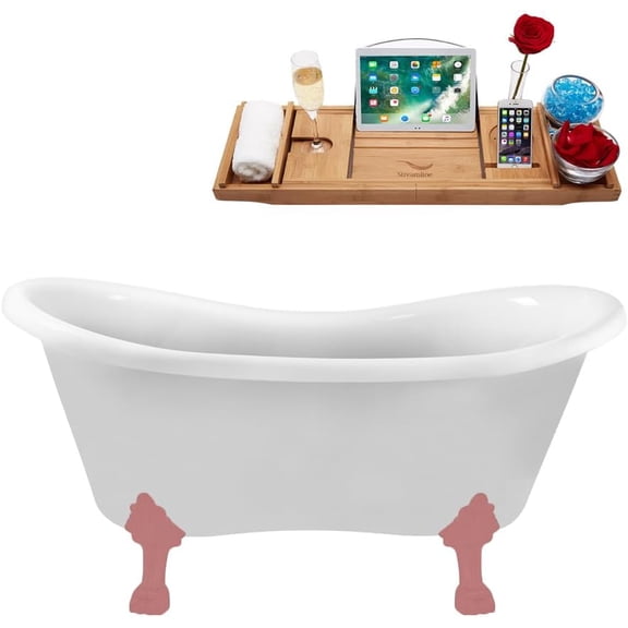 62" Streamline N1020PNK-IN-PNK Clawfoot Tub and Tray With Internal Drain