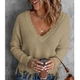 thumbnail image 3 of Women V Neck Long Sleeve Knit Sweater Fashionable Autumn Winter Off Shoulder Women Casual Loose Pullover Sweater Khaki XXL, 3 of 6