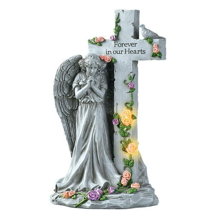 Collections Etc Angel with Light-Up Roses Stone-Like Memorial - Beautiful Display for Yard or Garden