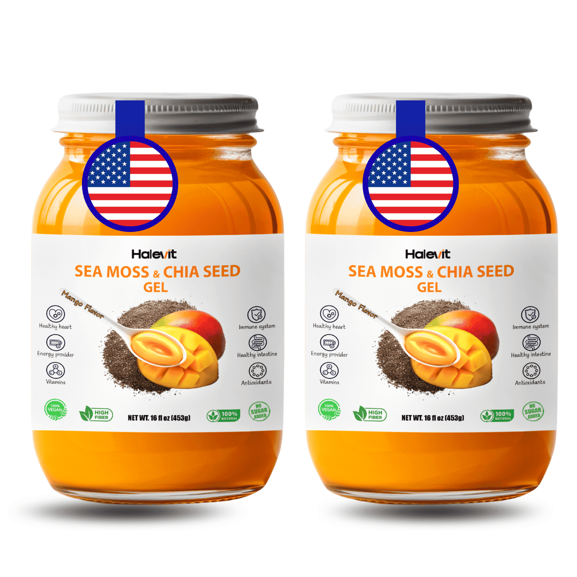 Halevit Wildcrafted Irish Sea Moss Gel Raw Sea Moss Supplement,Chia Seed,Mango Flavor, 32 Oz, Made in USA, 2-Pack