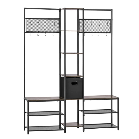 KFFKFF Corner Hall Tree with Shoe Bench, 70.9-inch Coat Rack with Hooks and Steel Frame, Freestanding Storage Organizer with Anti-Tip Design for Entryway, Closet, Office, Rustic Brown