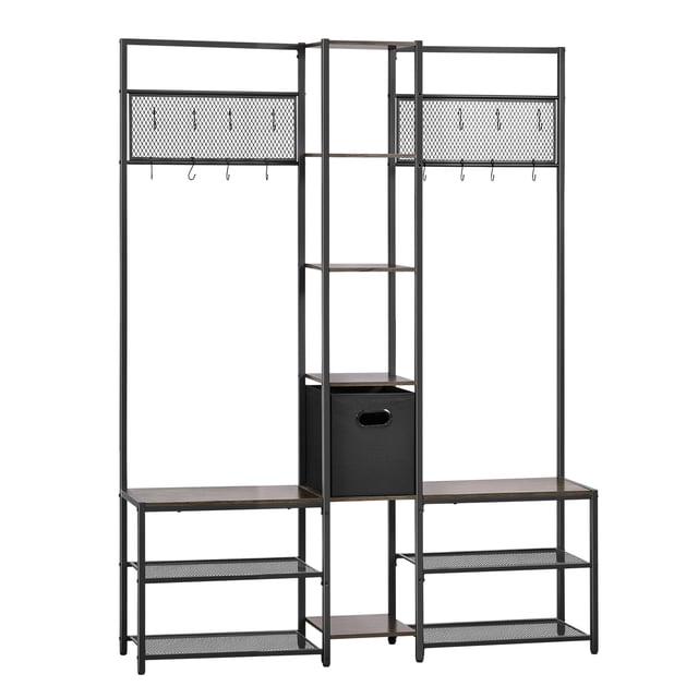 KFFKFF Corner Hall Tree with Shoe Bench, 70.9 in Coat Rack with Hooks and Steel Frame, Freestanding Clothes Shoes Rack Storage Organizer with Anti-Tip Set, Rustic Brown