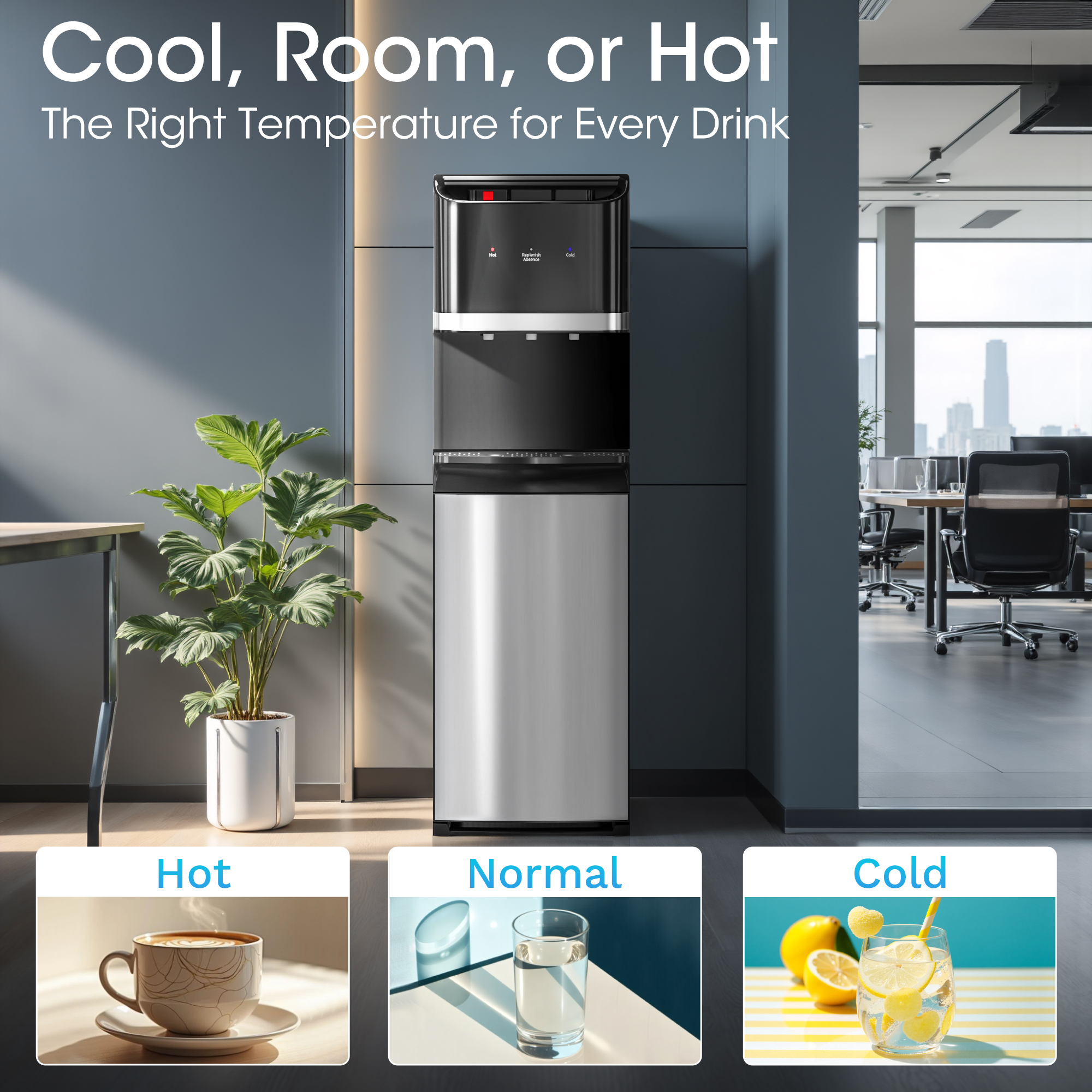 UrbanSync Bottom Loading Water Cooler Dispenser for 5 Gallon Bottles, Hot, Room & Cold, LED Display with Empty Bottle Alert, Ideal Design for Home & Office, Ebony Black
