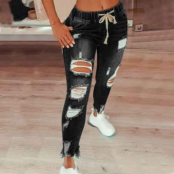 MRULIC pants for women Women Solid Color Bandage Hole High Jeans Flares Ankle Fashion Pants Trouser Plus Size Pants Black L