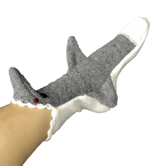 Yokua Christmas Crochet Knit Cartoon Calf Socks Novelty Funny 3D Wide Mouth Gray Shark Bite Animal Warm Slipper Stockings Gift