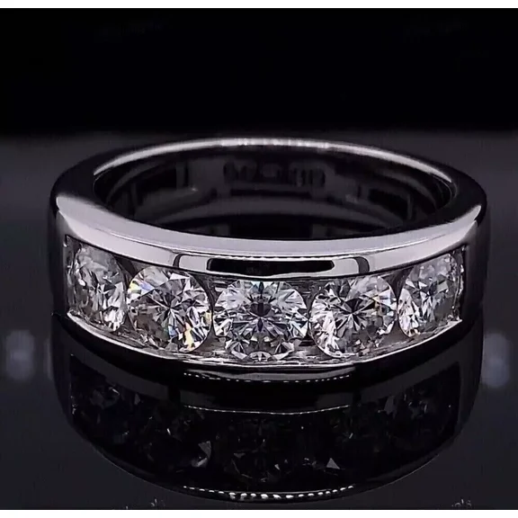 Men 3 Ct Round Cut Moissanite 5-Stone Wedding Band Ring 14k White Gold Plated