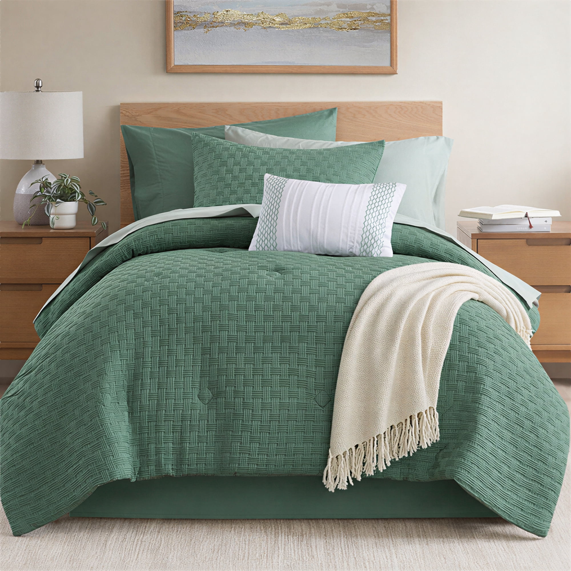 Mainstays 8-Piece Bed-in-a-Bag Comforter Set with Sheets, Twin/Twin-XL, Green Basketweave