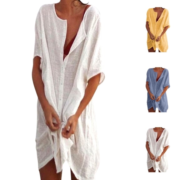 Shadoumai Women Cotton Linen Shirt Dress Solid Color Short Sleeve Button Down Shirts Dresses Swimsuit Beach Cover up Sundress