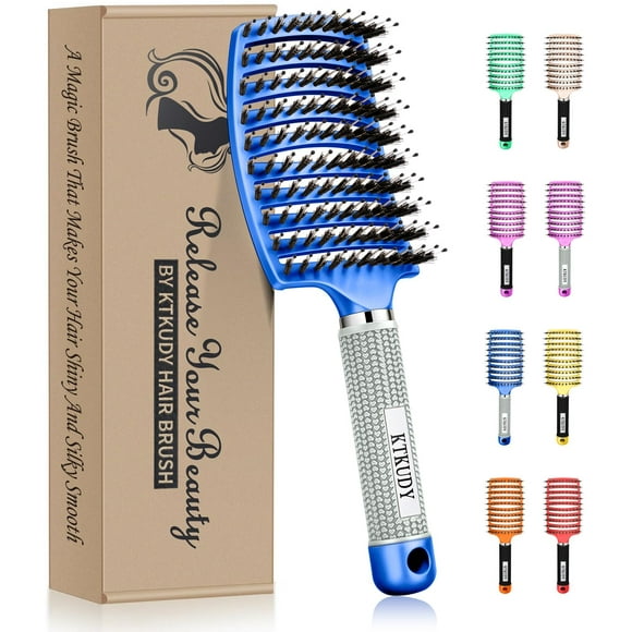 KTKUDY Detangling Brush Boar Bristles Hair Brush Make Hair Shiny & Healthier Curved and Vented Detangler Brush for Women Men Kids Wet and Dry Hair (Blue)