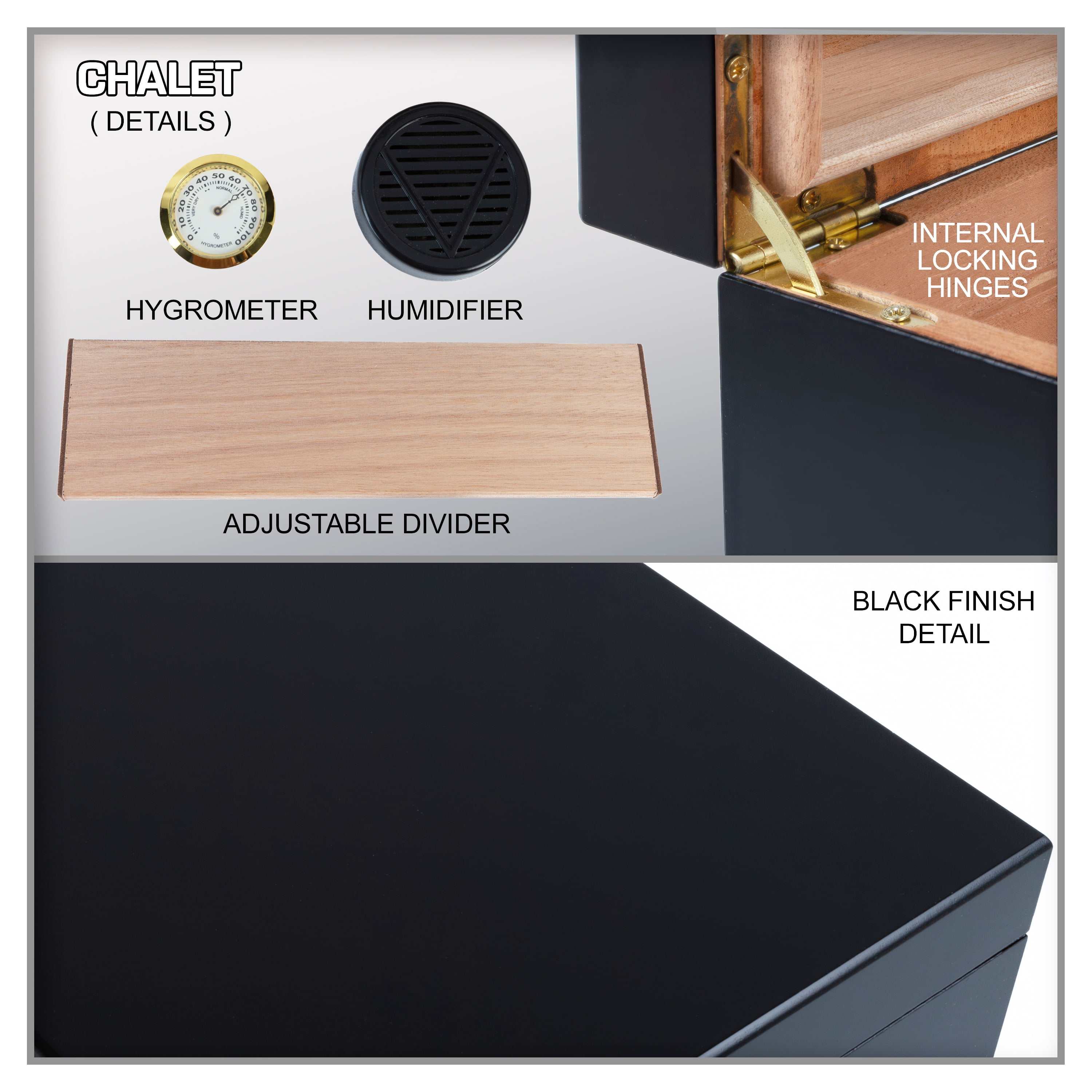 Chalet Desktop Cigar Humidor - Black Finish - Capacity: 25 to 50