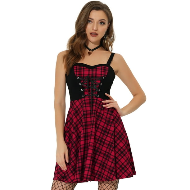 Disfraz de Halloween Mini vestido acampanado sin mangas con escote corazón y encaje a cuadros para mujer rojo L
