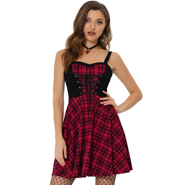 Disfraz de Halloween Mini vestido acampanado sin mangas con escote corazón y encaje a cuadros para mujer rojo L