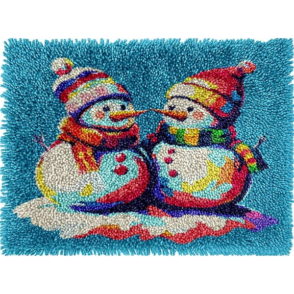 Two Snowmen Colorful Latch Hook Rug kits Pre-printed Crochet Yarn DIY Hooking Latch Kit Carpet Rug Cover Mat for Christmas Chair Cushion Floor Decor 52x38cm(4)