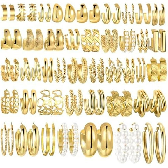 ZC42 Pairs Gold Hoop Earrings Set for Women, Fashion Chunky Pearl Earrings Multipack Twisted Statement Earring Pack, Hypoallergenic Small Big Hoops Earrings for Birthday Party