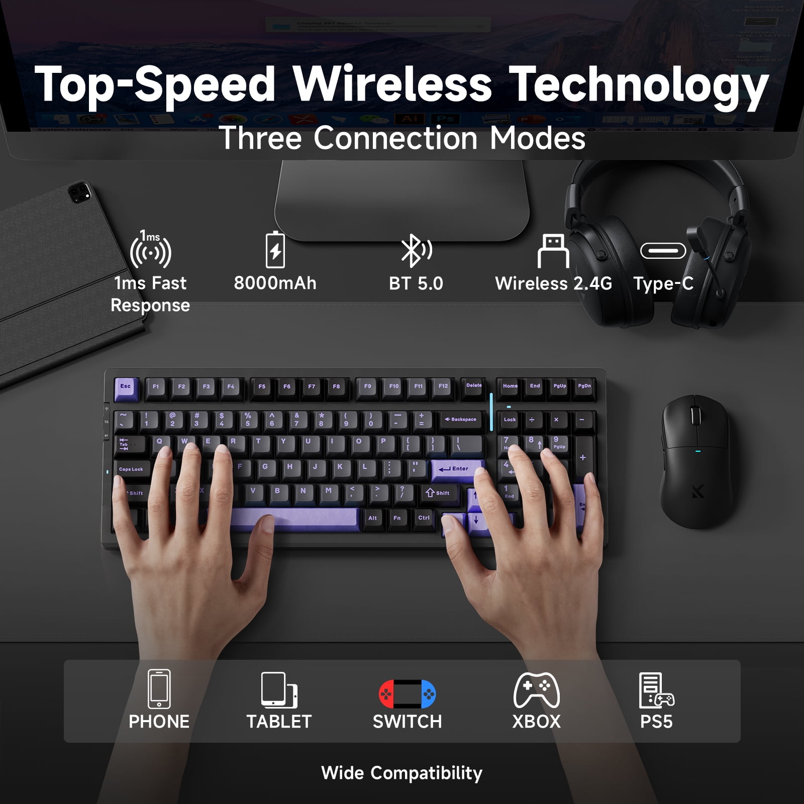 MCHOSE G98 Pro Wireless Mechanical Keyboard, Bluetooth 5.0/2.4GHz/USB-C Hot Swappable Custom Keyboard, Gasket Structure, Double Shot PBT Keycaps, RGB Backlit Gaming Keyboard