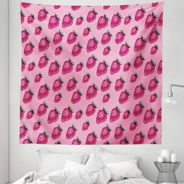 Fruit Tapestry, Pop Art Style Strawberry Pattern Vibrant Toned Retro Fresh Fashion Graphic, Fabric Wall Hanging Decor for Bedroom Living Room Dorm, 5 Sizes, Pale Pink Magenta, by Ambesonne