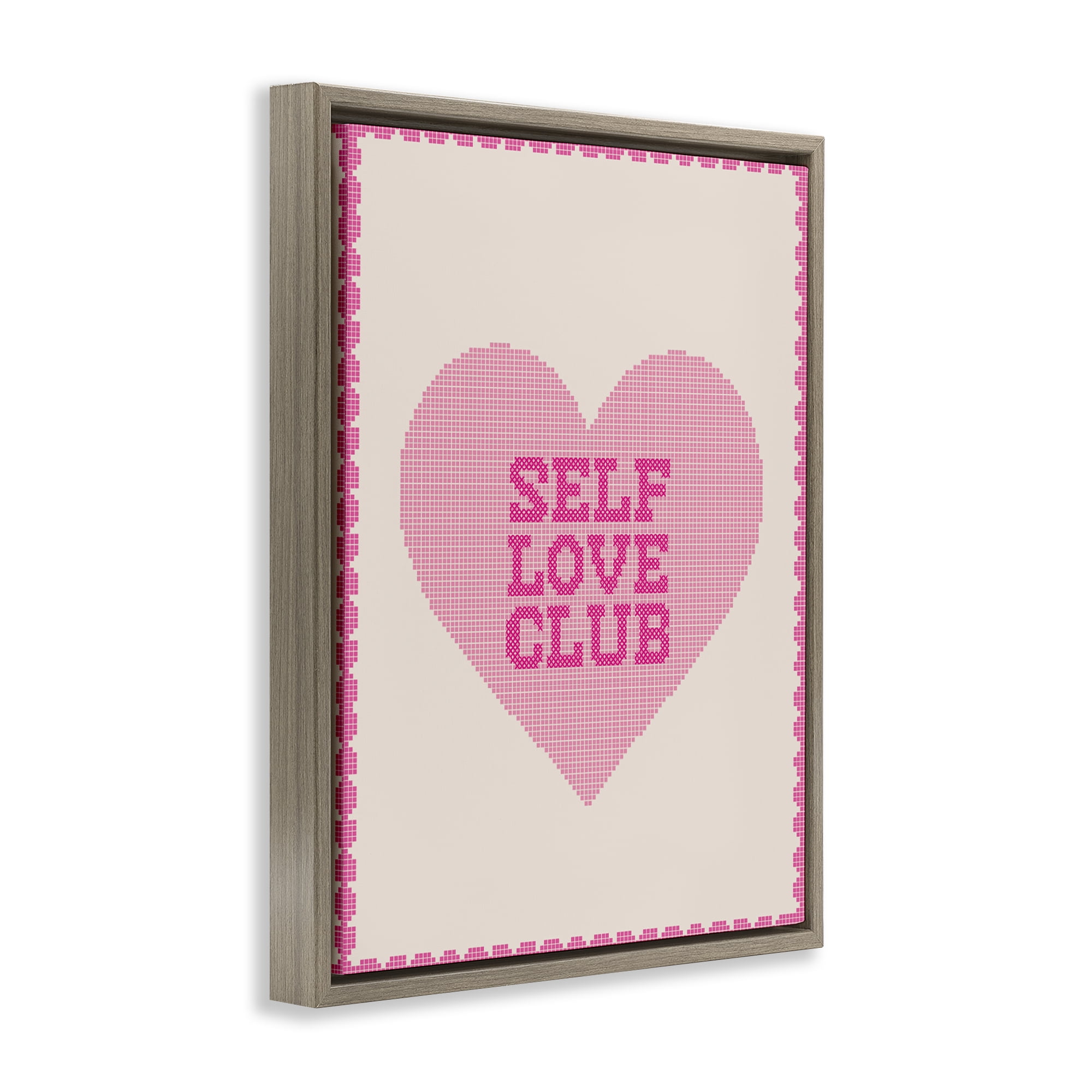 Stupell Industries Self Love Club Pixel Heart Brown Framed Floater Canvas Wall Art, design by Lil' Rue