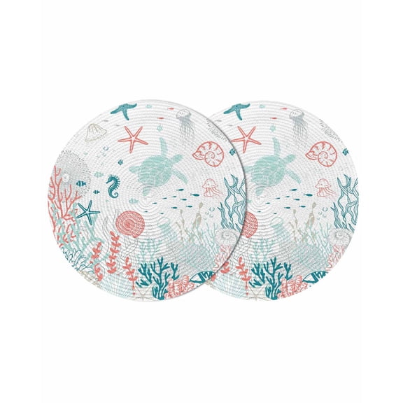 Coastal Turtle Round 15 Inch Placemats Set of 2, Teal Green Ocean Coral Starfish Jellyfish HeatResistant Non Slip Place Mats for Dining Table, Wipeable Braided Kitchen Table Mats for Housewarming