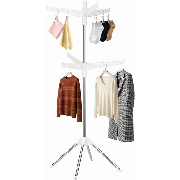 2-Layer Rotatable & Foldable Clothes Drying Rack 75" Stainless Steel Laundry Drying Tree with 6 Rotatable Arms, 4-Leg Free-Standing Hanger Stand for Indoor, Balcony, and Laundry Room